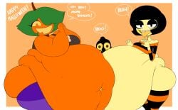 anthro fat female green_hair halloween implied_vore kim_the_pumpkin large_stomach obese_female pumpkin pumpkin_head spaghettiz