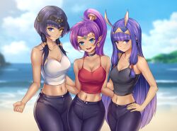 3girls animal_ears bare_shoulders beach beach_background belly_button black_sports_bra blue_eyes blue_hair blue_sky breasts brown_skin candace_(genshin_impact) choker cleavage closed_mouth cloudy_sky collarbone crossover dark-skinned_female dark_skin denim earrings fate/grand_order fate_(series) female_focus female_only forehead_jewel genshin_impact hair_down hair_ornament heterochromia highres hoop_earrings jeans long_hair looking_at_viewer maeruzame multiple_girls navel nitocris_(fate/grand_order) open_mouth pants pointy_ears ponytail purple_eyes purple_hair red_sports_bra shantae shantae_(character) smile smooth_skin sports_bra tan_skin tiara twintails very_long_hair white_sports_bra