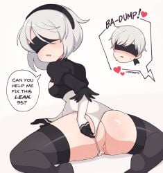 1boy ass blindfold cremanata english_dialogue female leotard leotard_aside nier nier:_automata pussy pussy_juice sitting text_bubble thigh_boots white_hair yorha_2b yorha_9s