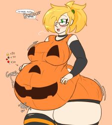 1girls ass belly belly_bulge big_ass big_belly big_breasts big_butt blonde_hair breasts candy chubby daisy_(juice_inyoureye) fat female glasses green_eyes halloween halloween_costume holidays juice_inyoureye(artist) overweight sequence side_view stockings sweater thighhighs thunder_thighs weight_gain