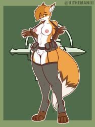 2022 3:4 absurdres anthro breasts canid canine female fingers fluffy fluffy_tail fox foxhole full-length_portrait fur furry genitals green_eyes highres mammal navel nikki_mccafferty_(rockethawk) nipples orange_hair portrait presenting presenting_breasts pussy smile solo the_man thighhighs white_fur