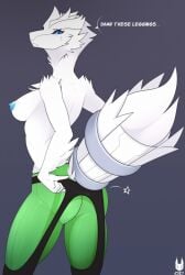 anthro bare_breasts big_breasts blue_nipples dragon dragon_girl drakeraynier female female_pokemon fluffy fluffy_tail green_clothing legendary_pokémon leggings pokémon_(species) pokemon reshiram ryoko_(drakeraynier) tight tight_clothing tomboy white_fur