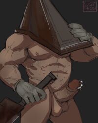 balls bara boner erection gay lustthou male male_only muscles muscular penis penis_piercing prince_albert_piercing pyramid pyramid_head silent_hill silent_hill_2 solo solo_male weapon