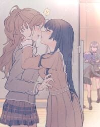 4girls bang_dream! black_hair blush brown_hair clothing female green_eyes hand_on_another's_head holding_head imai_lisa imminent_kiss kissing minato_yukina open_mouth passionate purple_eyes school_uniform shiontaso shirokane_rinko shirt skirt stunned sweat sweating udagawa_ako wholesome yuri