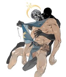 34am almost_naked balls blue_clothing crusader_(darkest_dungeon) darkest_dungeon helmet male_only passed_out pecs penis rape sitting_on_person smile taking_clothes_off thighs white_background yaoi