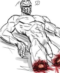 abs balls black_and_white blood bones crusader darkest_dungeon dismembered_legs dismemberment gore helmet male male_focus male_only muscular nipples pecs penis pubic_hair scars white_background