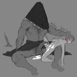 after_orgasm anon balls bara blush boner cum erection gay hairy holding_head male male_only monochrome mrparlon muscles muscular penis penis_size_difference pyramid pyramid_head silent_hill size_difference waist_apron