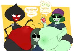 alien alien_girl belly big_belly black_eyes black_sclera dark_eyes dialogue flatwoods_monster green_skin implied_vore innie_belly_button obese_female oc red_skin spaghettiz vore