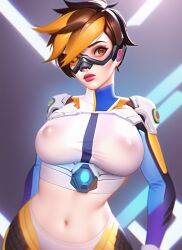 ai_generated big_breasts blush huge_breasts nai_diffusion nipple nipple_exposed nipples nipples_visible_through_clothing overwatch revealing_clothes solo solo_female solo_focus stable_diffusion thick_thighs tracer