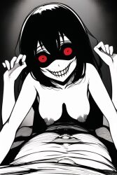 1boy 1girls 4_arms ai_generated belly_button black_hair breasts creepy female grinning horror laying_on_person looking_at_viewer male male/female medium_breasts monster_girl multi_arm multi_limb nai_diffusion nightmare_waifu original pale_skin red_eyes stable_diffusion