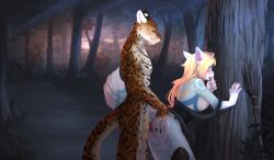 absurd_res anthro autumn blue_body breasts canid canine doggy_style duo felid female forest fox from_behind_position genitals halloween hi_res holidays jaguar magic_user male male/female mammal moon night nipples pantherine penis pink_nipples pink_pussy plant pussy sex spots spotted_body spotty.cat tree trick_or_treat witch