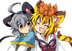 animal_ears blonde_hair brown_hair eromame grey_hair hair mammal mouse mouse_ears multicolored_hair nazrin rat_girl red_eyes rodent short_hair simple_background tail tiger_ears tiger_tail toramaru_shou touhou two_tone_hair white_background wholesome