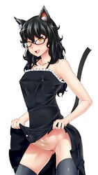 1futa animal_ears black_hair blush cat_ears dress erect_nipples futa_only futanari glasses icebox intersex no_panties open_mouth penis precum pussy skirt_lift solo tail thighhighs vagina yellow_eyes