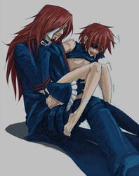 2boys anal barefoot beard blush bottomless cross_marian cum d.gray-man earrings eye_patch glasses gloves goatee lavi long_hair male mask multiple_boys on_lap open_clothes red_hair sex shirt_lift sitting trembling yaoi