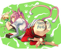 animal_ears ass barefoot black_panties blazblue bondage cat_ears catgirl color hazama kokonoe looking_back panties pants_down pink_hair tail tied_hair twintails unknown_artist