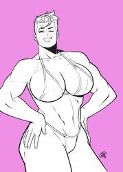 2d bikini blizzard_entertainment breasts cleavage female freeglass large_breasts muscles muscular muscular_female navel overwatch scar smile solo thong wink zarya