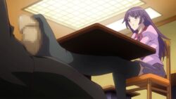 animated bakemonogatari blue_eyes blush censored feet footjob footjob_with_footwear kinako_no_yama long_hair monogatari_(series) necktie penis purple_hair school_uniform senjougahara_hitagi smile socks thighhighs under_table under_the_table