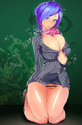 artist_request berggold blue_eyes blue_hair breasts censored cleavage curvy flaccid futa_only futanari huge_breasts intersex kneeling little_penis no_panties penis penis_under_clothes penis_under_skirt skirt skirt_lift small_penis small_testicles source_request testicles