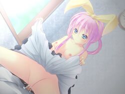 1boy 1girls blue_eyes bow clock clothing cowgirl_position cum cum_inside highres jpeg_artifacts kuroneko_shiro penis pink_hair pussy ribbon sex sherlock_shellingford skirt skirt_lift straddle straight tantei_opera_milky_holmes window