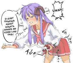 1futa baka_gaki bulge clenched_teeth cum cum_on_clothes ejaculation endured_face english flat_chest futa_only futanari hard_translated herm human intersex kagami_hiiragi long_hair lucky_star masturbation penis purple_eyes purple_hair saliva school_uniform skirt solo tear teeth translated trembling