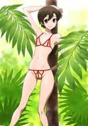 1girls against_tree bikini breasts brown_eyes brown_hair color crotchless day female flat_chest forest fujioka_haruhi haruhi_fujioka highres joy_division leaf navel nippleless_clothes ouran_high_school_host_club outdoors pose short_hair solo swimsuit tree