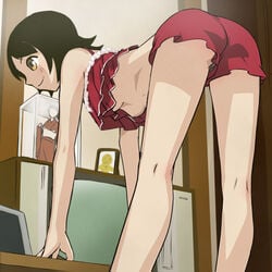 1girls ass bedroom blush breasts brown_eyes brown_hair hanging_breasts hitou_nami pov sayonara_zetsubou_sensei short_hair smile solo underboob