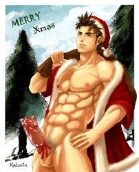 1boy abs bara chest christmas human hydaria male male_only muscle pecs penis santa_hat santa_suit sex_toy solo testicles