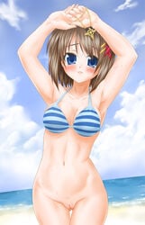 armpits arms_up beach bikini bikini_top blue_eyes blush bottomless breasts brown_hair cleavage female frown hayate_yagami highres human jewelry lyrical_nanoha mahou_shoujo_lyrical_nanoha mahou_shoujo_lyrical_nanoha_strikers necklace pussy schwertkreuz shinozuki_takumi short_hair solo striped striped_bikini striped_swimsuit sweat swimsuit uncensored