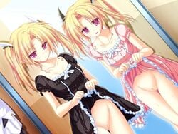 2girls blonde_hair blush dress dress_lift dress_up female female_only looking_at_viewer magus_tale multiple_girls nina_geminis nude_filter purple_eyes rena_geminis ribbon short_twintails siblings sisters tenmaso tied_hair twins twintails uncensored violet_eyes