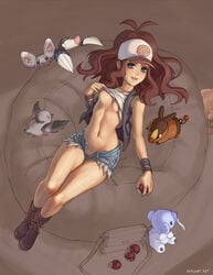 1girls abs ambiguous_gender areolae bag baseball_cap blue_eyes boots breast_slip breasts brown_hair clothed cubchoo cutoffs denim denim_shorts drilbur female furry hat highres hilda_(pokemon) hips holding human long_hair looking_at_viewer lying midriff minccino navel nipples no_bra no_panties one_breast_out open_fly pidove poke_ball pokemon pokemon_(species) pokemon_bw ponytail pubic_hair sefuart shirt shirt_lift short_shorts shorts smile t-shirt tepig text tied_hair toned unbuttoned underboob undressing unzipped vest watermark web_address whimsicott wide_hips