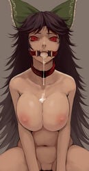 1girls as109 black_hair breasts collar cum cum_in_mouth cum_on_body cum_on_breasts cum_on_upper_body cum_pool cumdrip face female female_only femsub gag gagged highres large_breasts long_hair nipples open_mouth open_mouth_gag red_eyes ring_gag slave solo touhou utsuho_reiuji