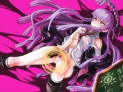 1girls angry blush bottomless danganronpa danganronpa:_trigger_happy_havoc danganronpa_1 embarrassed exposed_pussy female female_only kirigiri_kyouko long_hair nervous no_panties otsukare pubic_hair purple_eyes purple_hair pussy shy solo straight_hair sweat uncensored very_long_hair wet