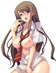 1girls bottomless breasts brown_eyes brown_hair cum female hachi_(shin525) long_hair necktie nipples open_clothes open_shirt original shirt solo