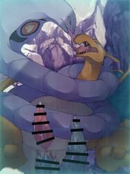 3:4 anal anal_sex animal_genitalia animal_penis anthro arbok biped blue_eyes blush bodily_fluids censored charizard coiling detailed_background diphallia diphallism duo erection eye_contact french_kissing generation_1_pokemon genitals hemipenes hi_res kissing looking_at_another male male/male mame02550912 multi_genitalia multi_penis nintendo open_mouth orange_body penetration penile_spines penis pokemon pokemon_(species) purple_body questionable_consent saliva serpentine sex tears video_games