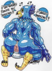 2021 abs accipitrid accipitriform animal_crossing anthro anus ass athletic_wear avian back_muscles backsack balls beak biceps big_butt bird black_beak blue_body blue_feathers blush bottomwear bottomwear_down clothed clothing dialogue digital_media_(artwork) eagle english_text eyebrows falcon falconid feather_hands feathers furry furry_only genitals hand_behind_head hand_on_leg hand_on_thigh heart hi_res looking_at_viewer looking_back looking_back_at_viewer male male_only multicolored_body multicolored_feathers muscular muscular_anthro muscular_male nintendo non-mammal_balls nude open_beak open_mouth parasitedeath pecs pierce_(animal_crossing) portrait raised_tail rear_view signature solo spanish_text speech_bubble tail_feathers talking_to_viewer text thick_thighs translated video_games yellow_beak yellow_sclera