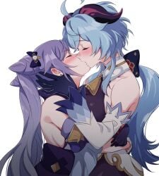 2girls ahoge animal_ears bare_shoulders blue_hair closed_eyes cowbell detached_sleeves female female_only ganqing ganyu_(genshin_impact) genshin_impact gloves goat_horns horns hugging keqing_(genshin_impact) kissing long_hair multiple_girls negom purple_hair ribbon wholesome yuri