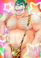 2022 absurd_res belly biped bulge closed_eyes green_hair hair hairy hi_res horn horned_humanoid humanoid humanoid_hands lum's_father male male_only male_solo mankini musclegut nipples nomadonoama1 solo solo_male urusei_yatsura