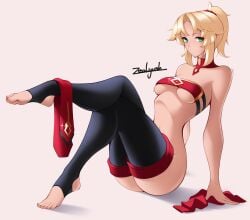 1girls ass barefoot blonde_hair fate/grand_order fate_(series) feet female female_only light-skinned_female mordred_(fate) small_breasts stirrup_legwear toes underboob zealyush