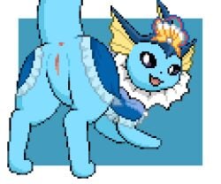 2022 :3 accessory anthro anus ass ass_up blue_body blue_clothing border clothed clothed_feral clothing digital_media_(artwork) eeveelution female female_only feral feral_only generation_1_pokemon genitals looking_at_viewer looking_back looking_back_at_viewer mammal nintendo open_mouth pixel_(artwork) pokemon pokemon_(species) pokemon_only presenting presenting_hindquarters pussy raised_tail simple_background solo vaporeon video_games white_border zabozamojo