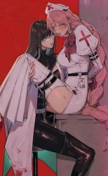 2girls anne_(path_to_nowhere) bite_mark bite_mark_on_thigh bite_marks blush bondage doctor doctor_on_nurse female female_only glasses gloves imminent_sex iron_(path_to_nowhere) nurse nurse_uniform path_to_nowhere pink_hair restrained sitting_on_desk stockings thighhighs thighs yuri