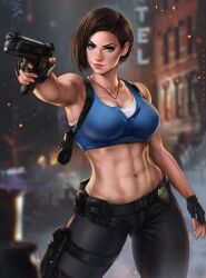 abs badge belt big_breasts blue_eyes breasts brown_hair capcom cleavage dandon_fuga firearm gloves gun handgun handwear harness holster jill_valentine jill_valentine_(sasha_zotova) pistol resident_evil resident_evil_3 resident_evil_3_remake s.t.a.r.s short_hair smoking_gun strap thick_thighs thunder_thighs toned toned_female topwear weapon