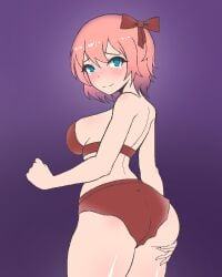 ass blue_eyes blush bow bra breasts commission doki_doki_literature_club hairbow just_sayori matching_underwear panties purple_background red_bow red_bra red_hair_bow red_panties saltdrawyou sayori_(doki_doki_literature_club) strawberry_blonde_hair underwear underwear_only