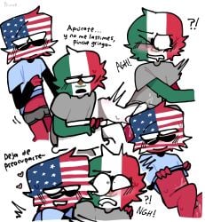 2boys barely_visible_genitalia blush blush_lines bulge bulge_through_clothing countryhumans erection erection_under_clothes gay glasses heart horny male male_only mexico_(countryhumans) penis pillow princedoesstuff questionable_consent shades shirt_lift spanish_text text united_states_of_america_(countryhumans)