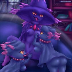 animated anthro ass blubluumon bodily_fluids breast_grab breast_lick breast_play breasts cunnilingus feet female female/female female_only furniture generation_2_pokemon generation_4_pokemon genitals group hand_on_breast licking loop milk misdreavus mismagius nintendo nipples oral pokemon pokemon_(species) pussy saliva sex smile sofa spread_legs spread_pussy spreading tongue tongue_out trio vaginal_penetration video_games yuri