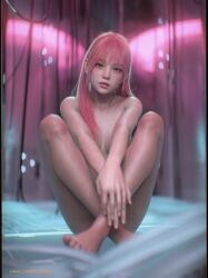 1girls 2022 3d blue_eyes depth_of_field female female_only front_view ice_blue_eyes long_hair looking_at_viewer nude nude_female pink_hair seated shoelac3 sitting solo solo_female