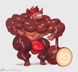 1boy abs anthro biceps brown_fur bulge bulge_through_clothing choco_werehound_brute cookie_run cookie_run_kingdom fur furry grin guzreuef hammer horn horns huge_bulge hyper hyper_muscles leaning leaning_on_elbow male male_focus male_only muscle muscles muscular muscular_arms muscular_ass muscular_back muscular_legs muscular_male muscular_thighs pecs red_sclera sharp_teeth shiny_skin simple_background smile solo standing weapon white_background white_eyes