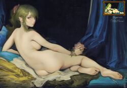 ass barefoot blonde_hair breasts brown_eyes dryad dryad_(terraria) feet female fine_art_parody grande_odalisque green_hair large_breasts natthelich nude nude_female painting_(artwork) pointy_ears sideboob soles solo solo_female terraria toes