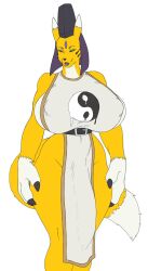 1futa 2021 anthro bandai_namco belt big_breasts big_bulge biped black_claws black_nose black_pupils black_sclera blue_eyes breasts bulge canid canine claws clothed clothing colored curvaceous curvy_figure digimon digimon_(species) digital_media_(artwork) dipstick_ears dipstick_tail facial_markings finger_claws fingers front_view fur genital_outline gloves_(marking) gynomorph hat head_markings headgear headwear hi_res huge_breasts humanoid_hands intersex jindragowolf lips looking_at_viewer mammal markings multicolored_body multicolored_ears multicolored_fur multicolored_tail nipple_outline penis_outline penis_under_clothes penis_under_loincloth portrait pupils simple_background smile solo standing tabard tail_markings taomon thick_thighs three-quarter_portrait two_tone_body two_tone_ears two_tone_fur two_tone_tail voluptuous white_background white_body white_clothing white_ear_tips white_ears white_fur white_tabard white_tail yellow_body yellow_ears yellow_fur yellow_tail yin_yang