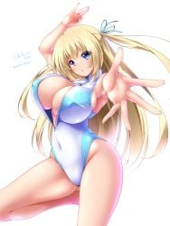 1girls amagi_brilliant_park ass ass_visible_through_thighs blonde_hair blue_eyes blush cleavage fairy huge_breasts long_hair looking_at_viewer midoriiro_no_shinzou navel_line one-piece_swimsuit open_mouth simple_background solo swimsuit sylphy_(amaburi) tied_hair twintails white_background