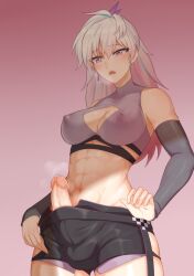 1futa abs balls big_breasts big_penis blue_hair breasts cleavage_cutout clothed clothing clothing_cutout covered_nipples dceg4738 earrings elbow_sleeve erection futa_only futanari human indie_virtual_youtuber jewelry light-skinned_futanari light_skin long_hair looking_down mostly_clothed multicolored_hair muscular muscular_female penis pink_background pink_eyes pink_hair precum qian_er_liang_(virtual_youtuber) shorts solo standing thighhighs toned virtual_youtuber white_hair